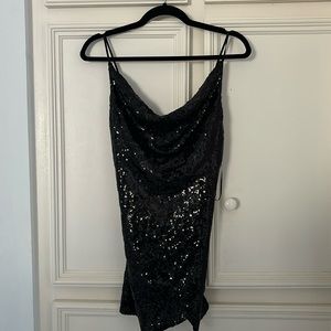 sequin black cowl neck mini dress
